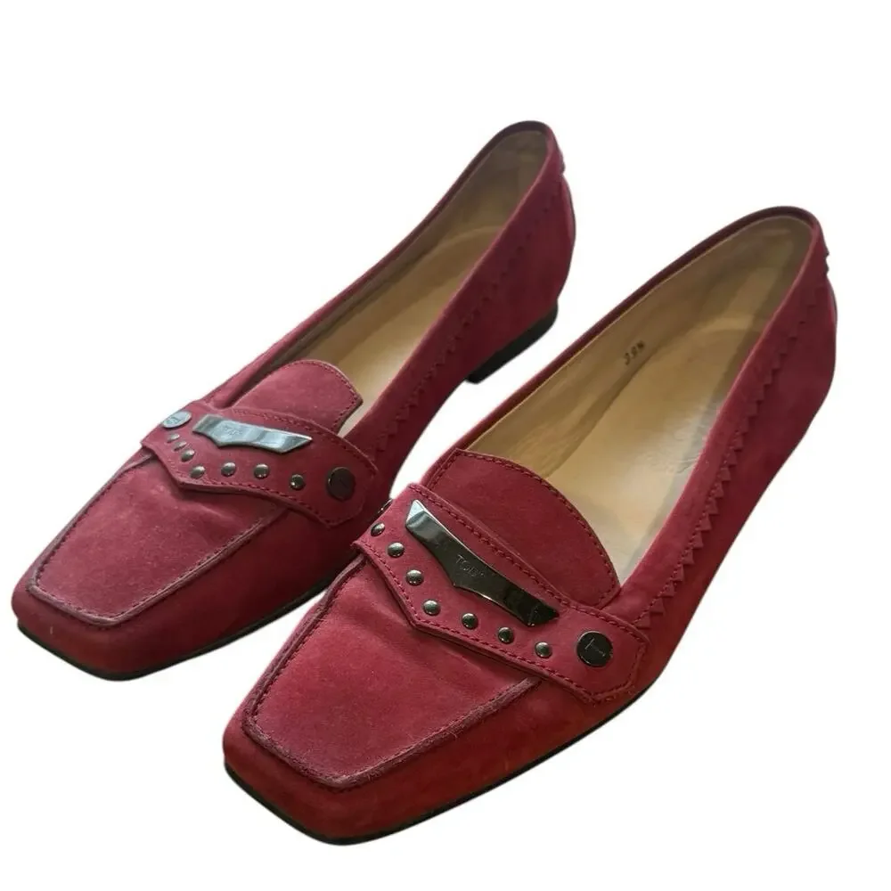 Tod’s Red Suede Studded Heel Accent Flats - 39.5